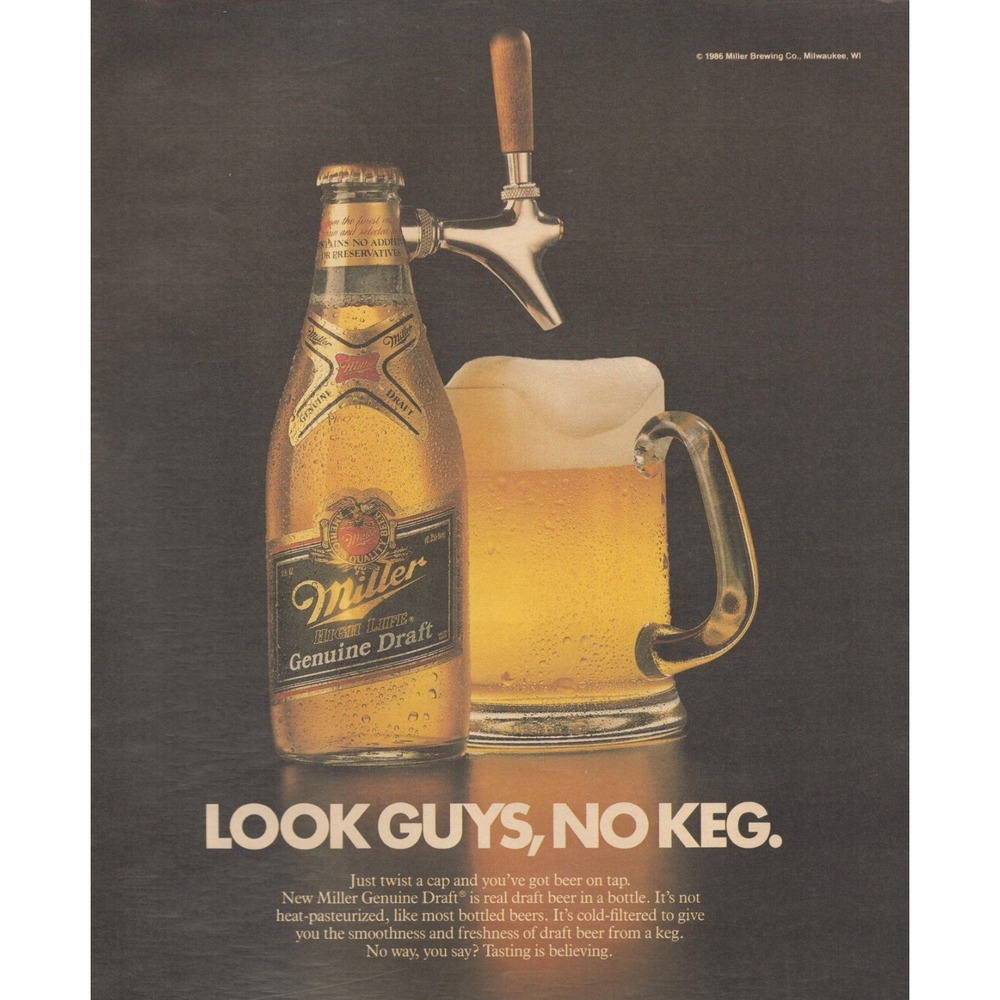 1987 Miller Genuine Draft Magazine Print Ad Beer Look Guys No Keg Bar Decor